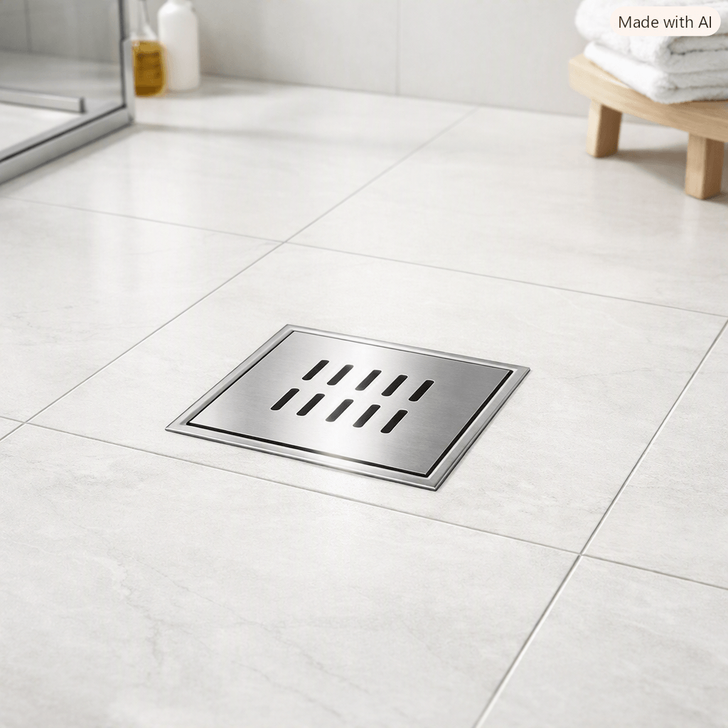 Ralo de banheiro limpo e desentupido em piso de porcelanato