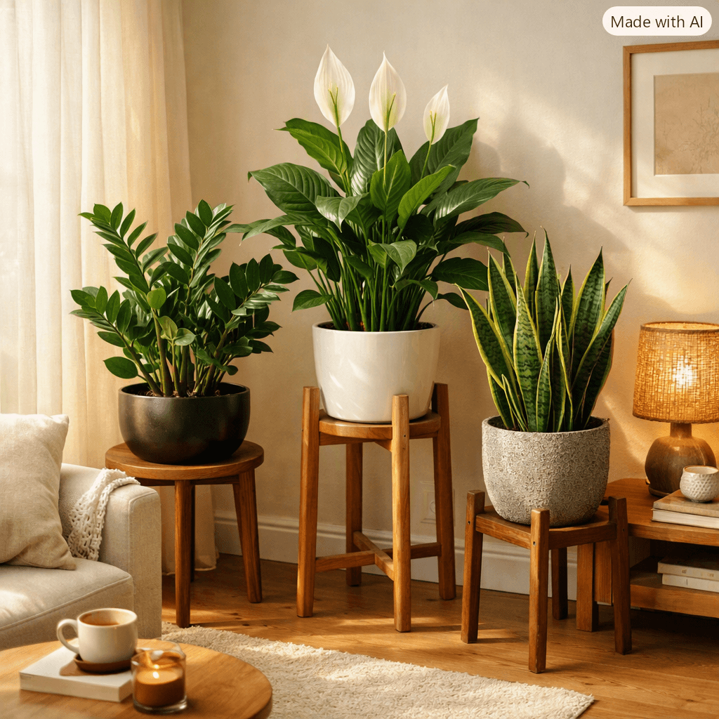 Plantas de sombra para apartamento organizadas em suportes de madeira